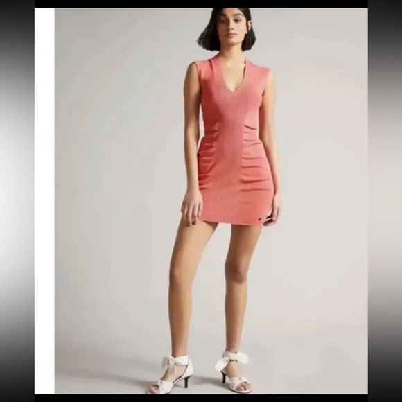 Ted Baker LONDON Size 0uS Size 00 Novari Ruched Rib Knit Dress Coral Pink NWT